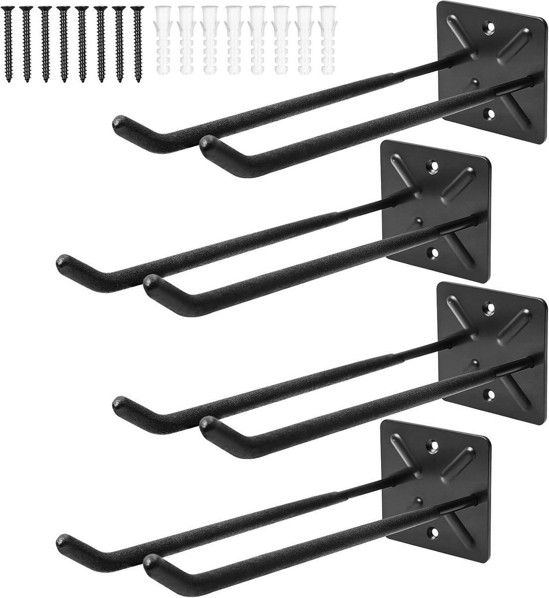 Pack of 4 Wall Hooks Garage Hooks Black Double Hooks Load 80kg Heavy Load Garage Storage Wall Hooks for Tools - ShopVlot