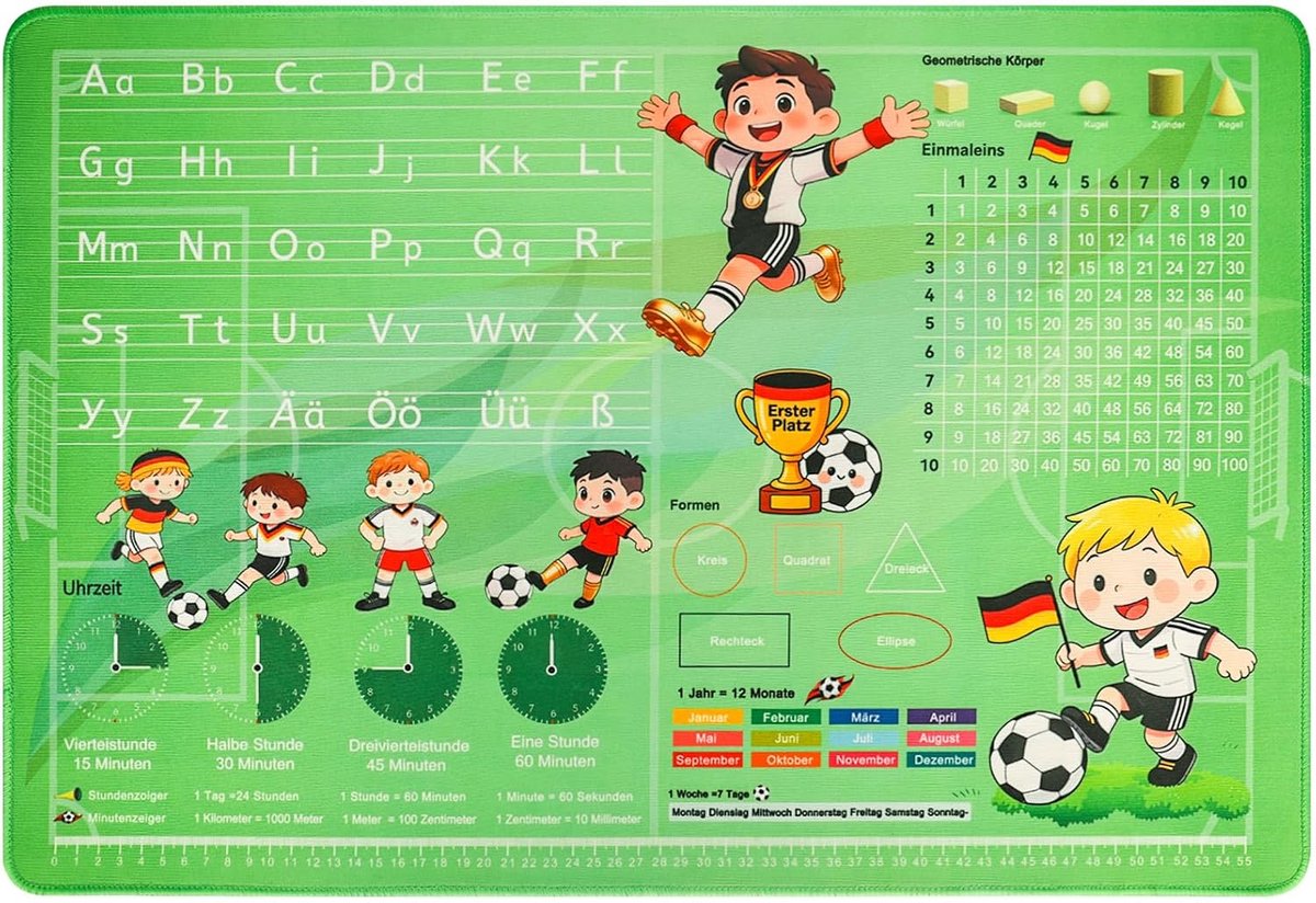 Bureauonderlegger voor kinderen, voetbalveldpatroon, educatieve onderlegger ABC, 1 x 1, tijden, antislip - ShopVlot