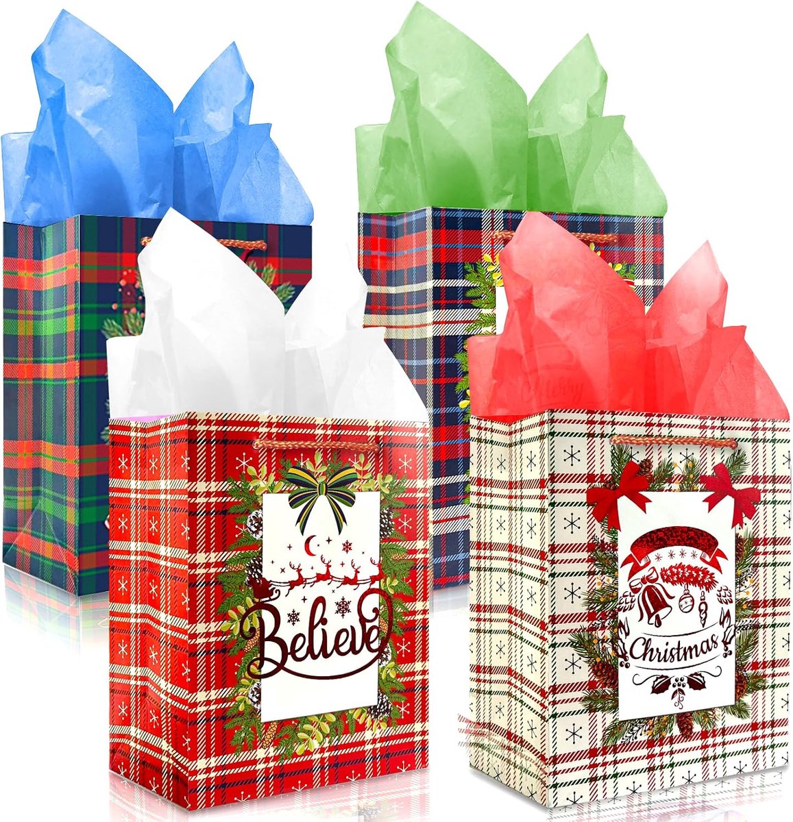 Kerstcadeauzakjes met zijdepapier, cadeauzakjes, papieren kerstzakjes, neutraal, retro, rood, blauw, groen, tartan - ShopVlot