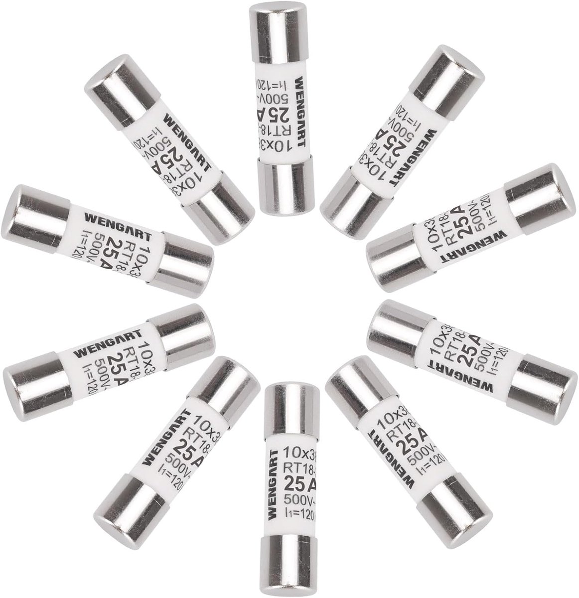 Wengart AC cylinder fuse RT18-32 (RO15), 10 pieces, 10 x 38 mm, AC 500 V, 120 kA, strong switching capacity, can - ShopVlot