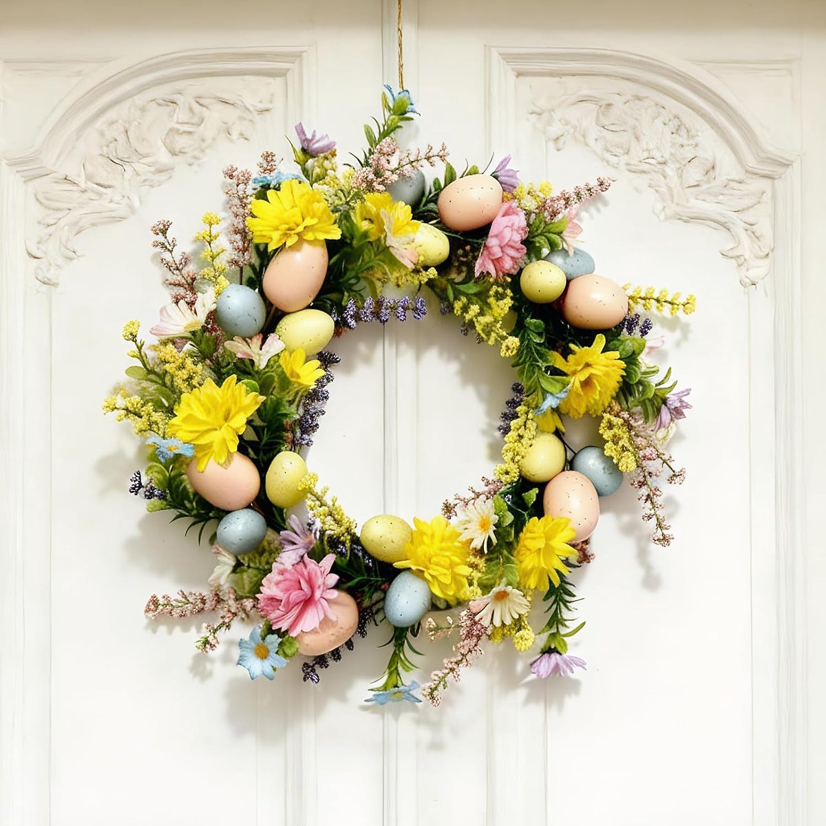 40 cm Easter Wreath for Home Door, Artificial Easter Eggs, Easter Eggs, Spring Wreath with Easter Eggs, Colourful Egg - ShopVlot