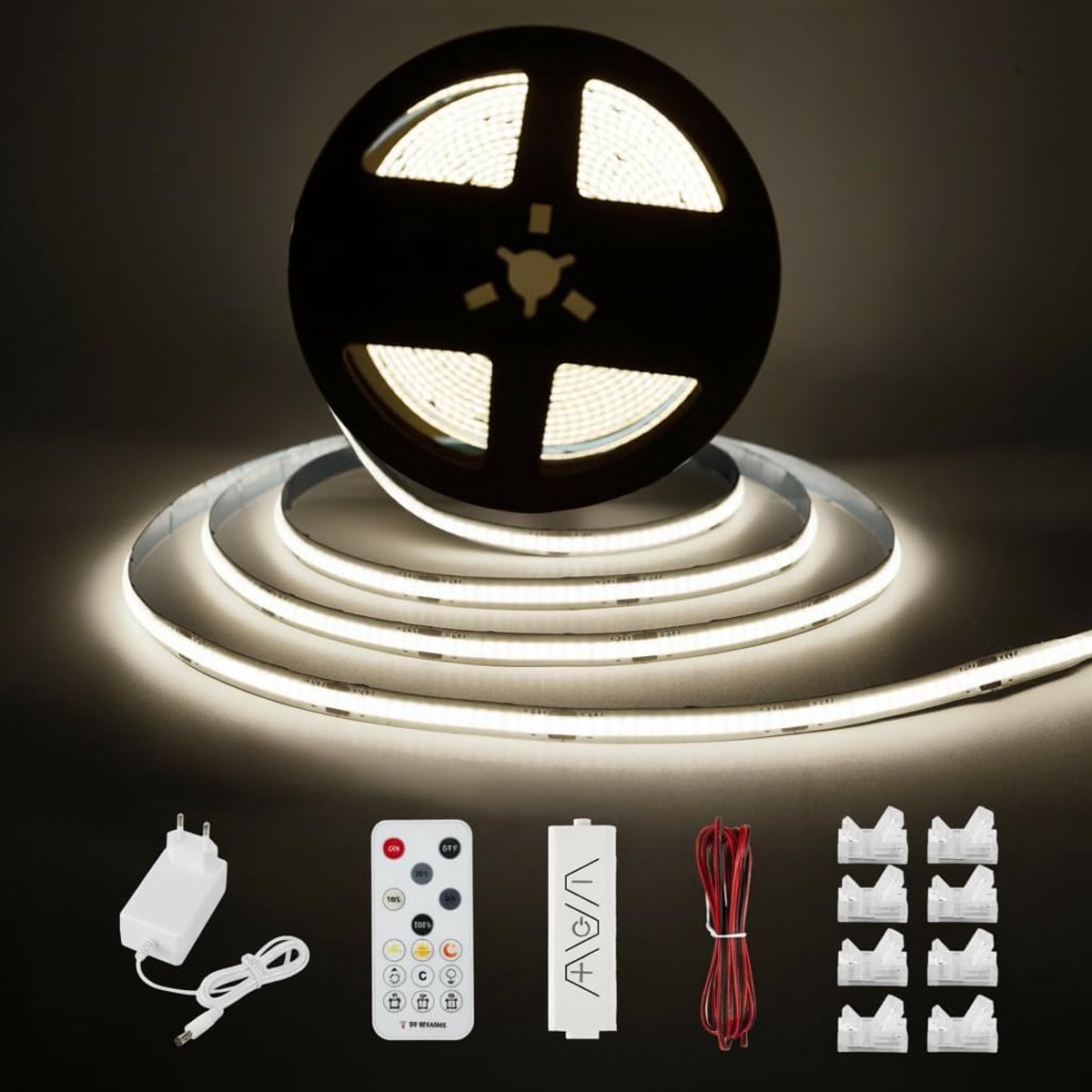 COB Ledstrip, 10 m, koudwit, onderbouwverlichtingsset met RF-afstandsbediening, voor vitrine, keuken, kantoor, plank - ShopVlot