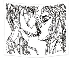 Ruibo Women/Men Abstract Sketch Art Kiss Lovers Tapestry / Cushion Tapestry Wall Hanging Black and White Line Art - ShopVlot