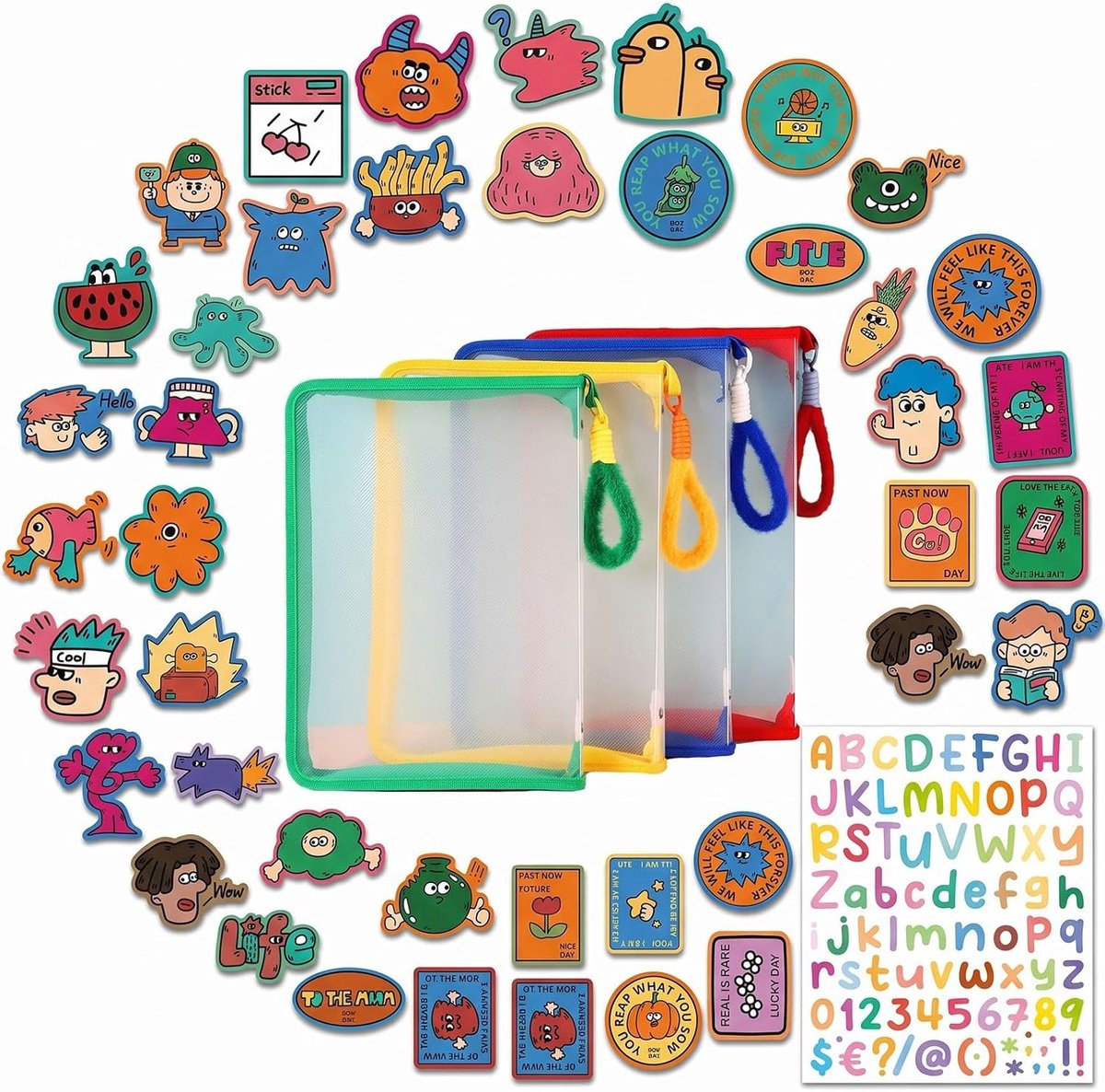 Pack of 4 document folder A5 zip document bag with 4 colourful portable ropes, 2 sets of stickers, with zip, A5 zip - ShopVlot