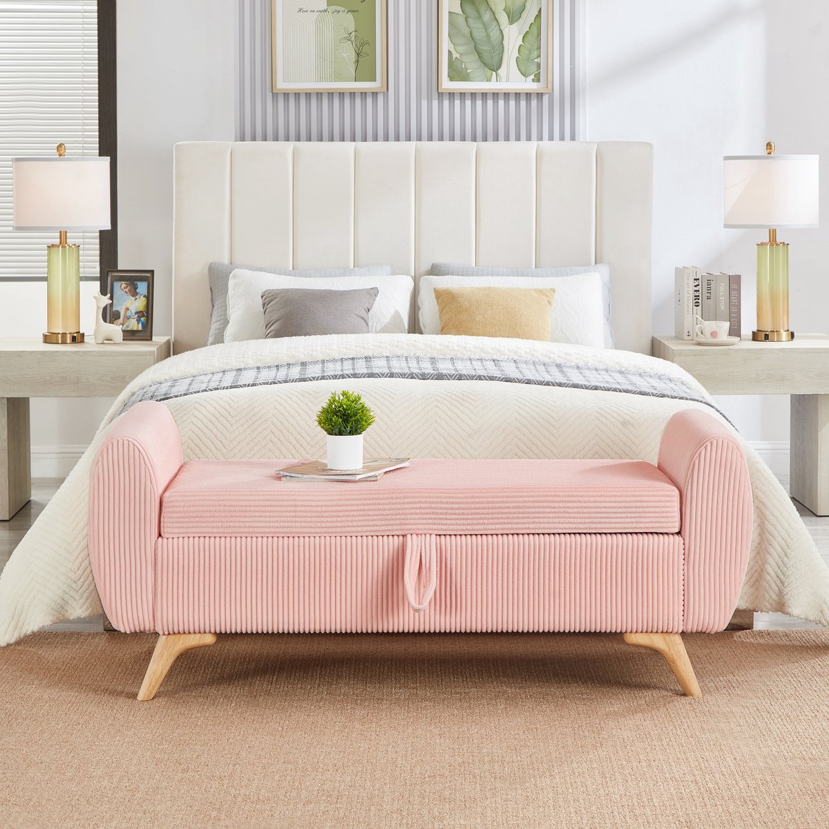 OKWISH Bankje - 145 x 51 x 57 cm - Klapbaar Met Opbergruimte - Voor Slaapkamer, Woonkamer Of Hal - Cord - Roze
