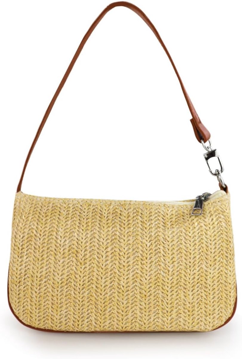 Women's Small Handbags Straw Shoulder Bag Tote Bag Shopper with PU Leather Strap Summer Shoulder Bag for Daily - ShopVlot