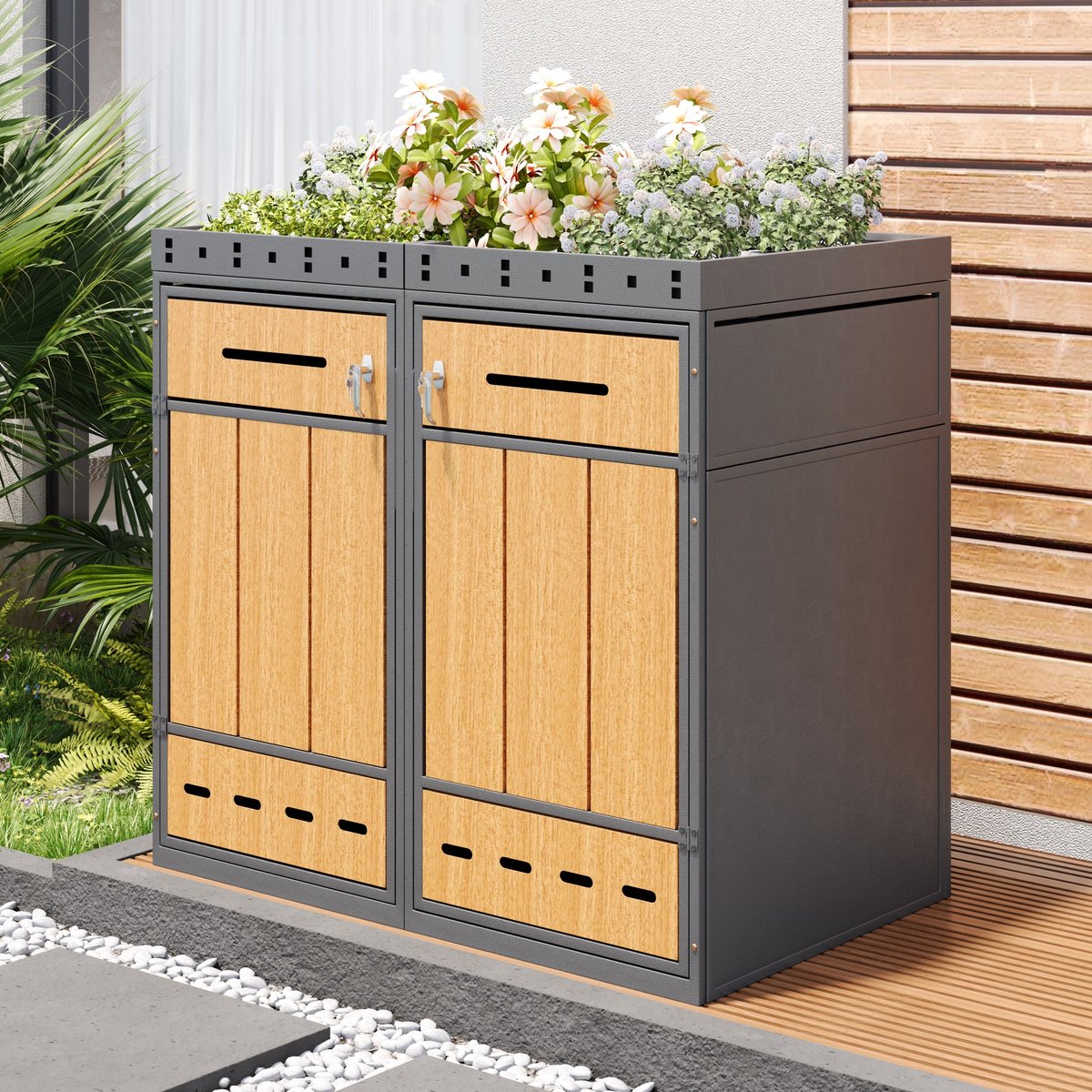 REDOM - Containerberging - Dubbel afvalscheidingssysteem - Frontdeuren met slot en kettingen - Plantenbakdeksel - Modern industrieel - Metaal - Grijs en houtkleur - 132 x 80 x 124 cm