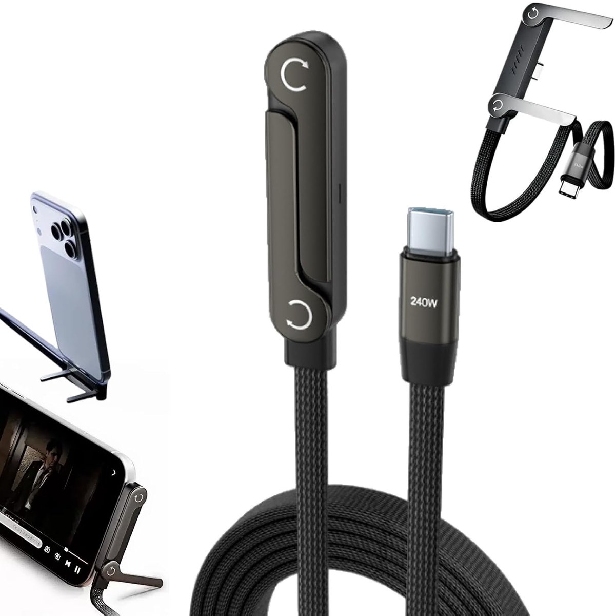 USB C-oplaadkabel 240 W - 1,5 m gevlochten - standaard met 90° hoekstekker - ideaal voor snelladen - ShopVlot