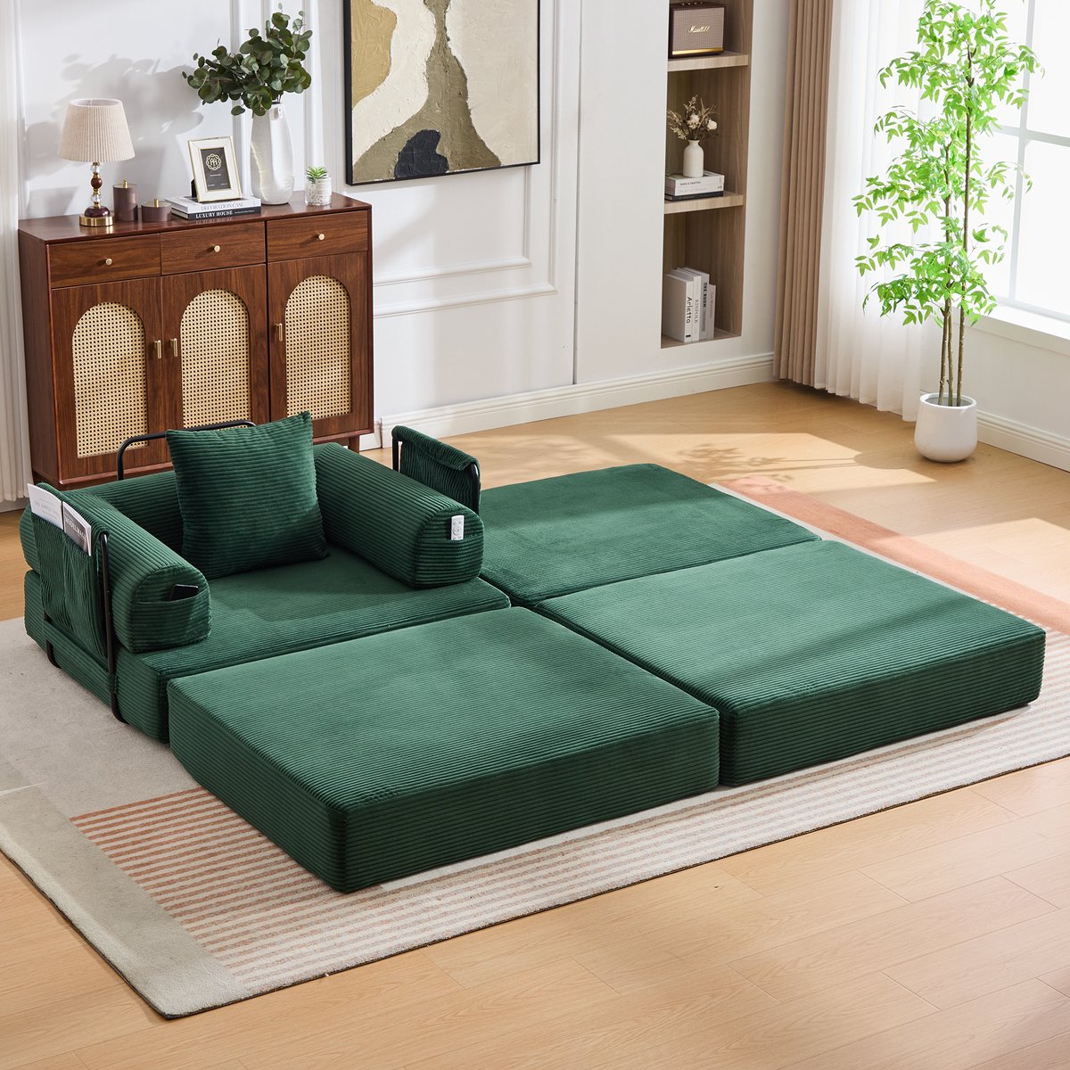 MEUNIQ fauteuil met hocker 112 x 190 x 67 cm, corduroy zitting, metalen frame, zijvak en kussen, modulair compressieontwerp voor woonkamer of slaapkamer, groen Smaragdgroen