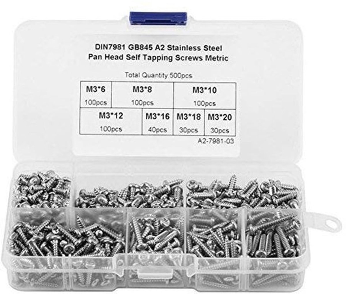 M3 Zelftappende Schroeven - Schroeven Set - Assortiment in Kunststof Doos - Zilver - Bevestigingsmiddelen - Voor Elektronica
