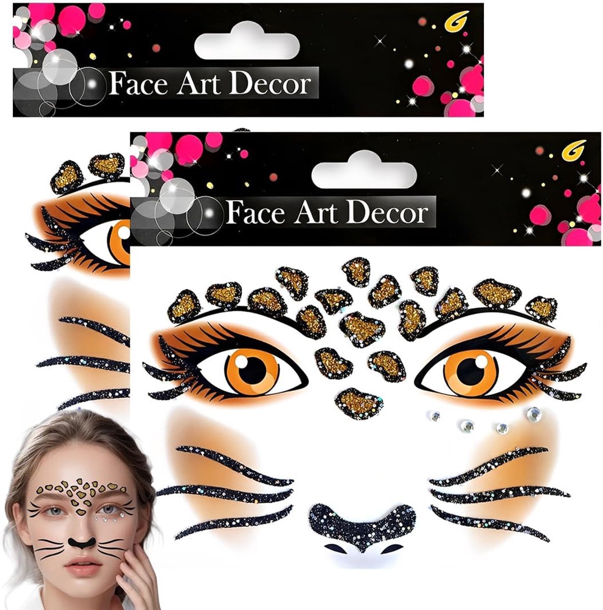 Face Art stickers - 2 stuks luipaard - tijdelijke glitter gezichtstatoeage - sexy uitstraling voor carnaval - ShopVlot