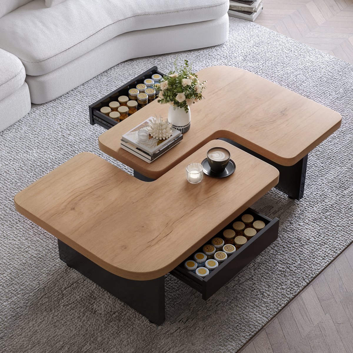 REDOM - Salontafel - LED verlichting - 2-delig ontwerp - Met 2 lades - Moderne stijl - Woonkamer - MDF - Naturel en Zwart - 90 x 60 x 44,5 cm