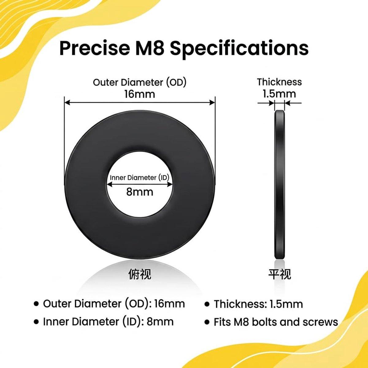 Sluitringen M8 x 16 mm - Koolstofstaal - Zwart - Ideaal voor mechanische verbindingen - ShopVlot