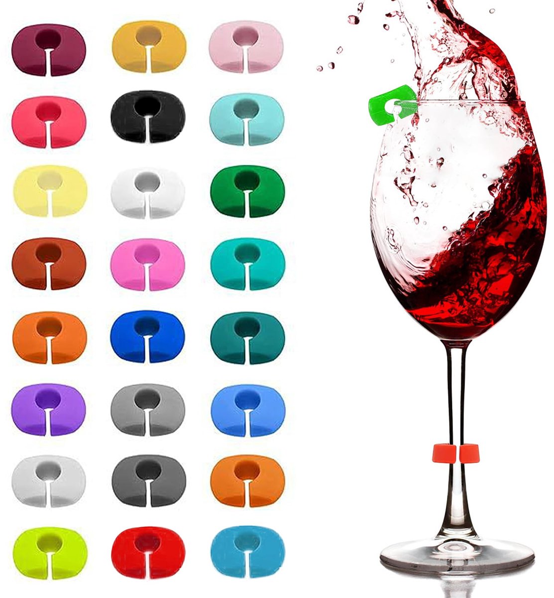 Solidchoice - 24 Stuks Silicone Glas Markers voor Wijn- en Cocktailglazen - Herbruikbaar en Multicolor