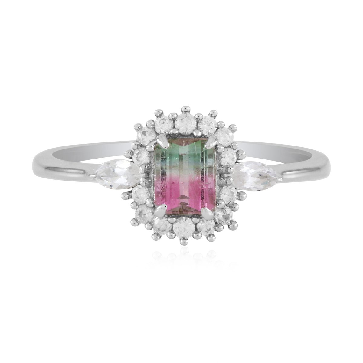 Cavill - 925 Sterling Zilver Ring met Platina Afwerking - 0,45 ct Watermeloen Toermalijn & 0,40 ct Zirkonen - Elegante Gekleurde Edelstenen