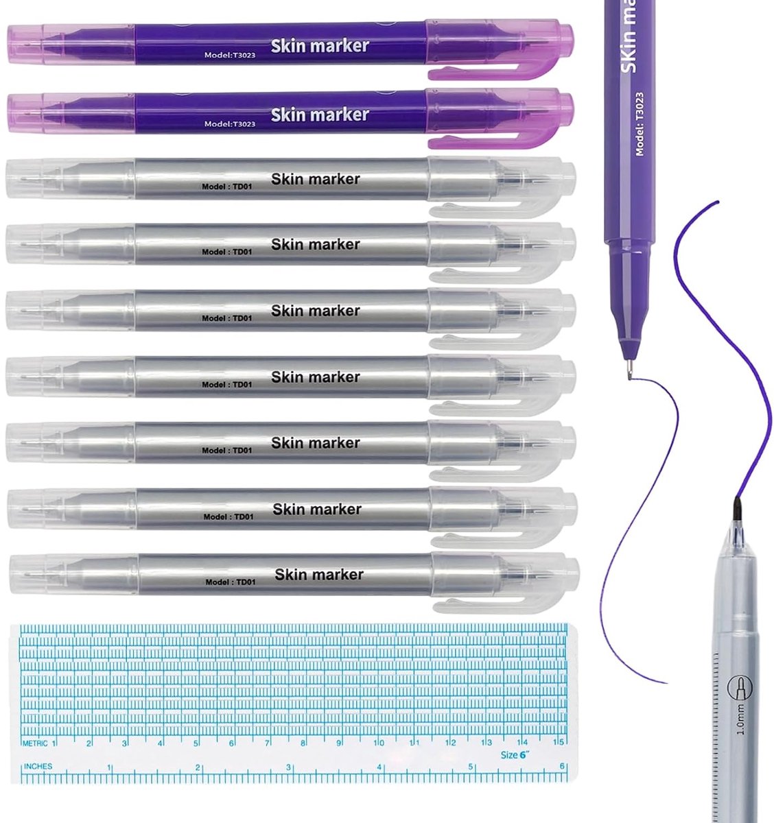 9 stuks tattoo-stiften, huidmarkeerstift met 9 linialen, waterbestendig, dubbelzijdige tattoo-pen - ShopVlot