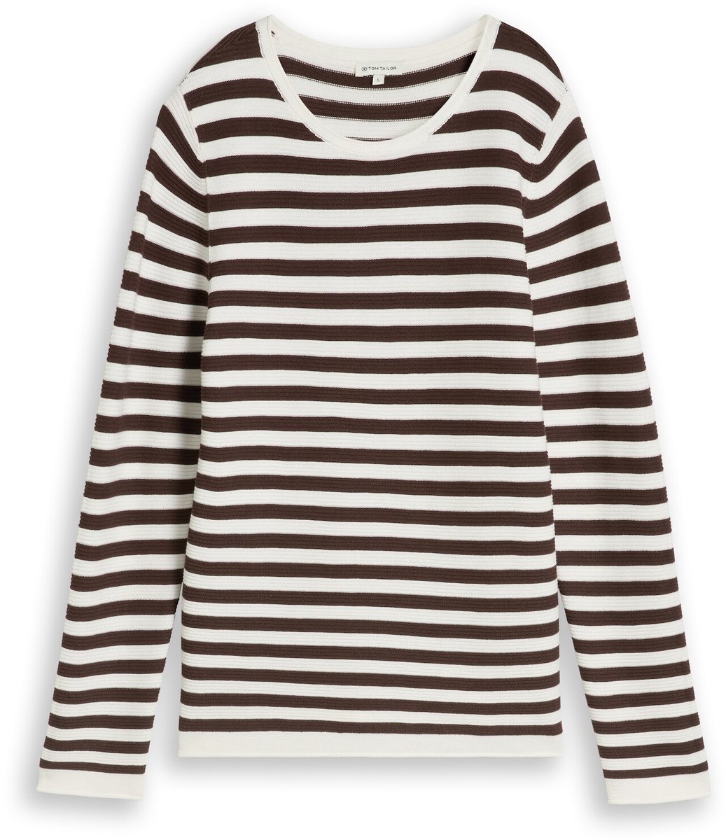 Tom Tailor - Gebreide trui van katoen - Maat L - java brown stripe