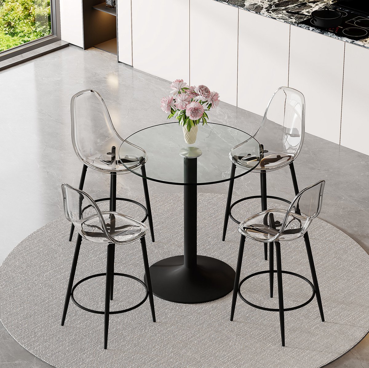 DESMIU Barset Met Ronde Glastafel 89 Cm En 4 Transparante Barkrukken Met Zwarte Metalen Basis Voor Open Keuken En Bar Modern Glas Metaal Transparant Zwart