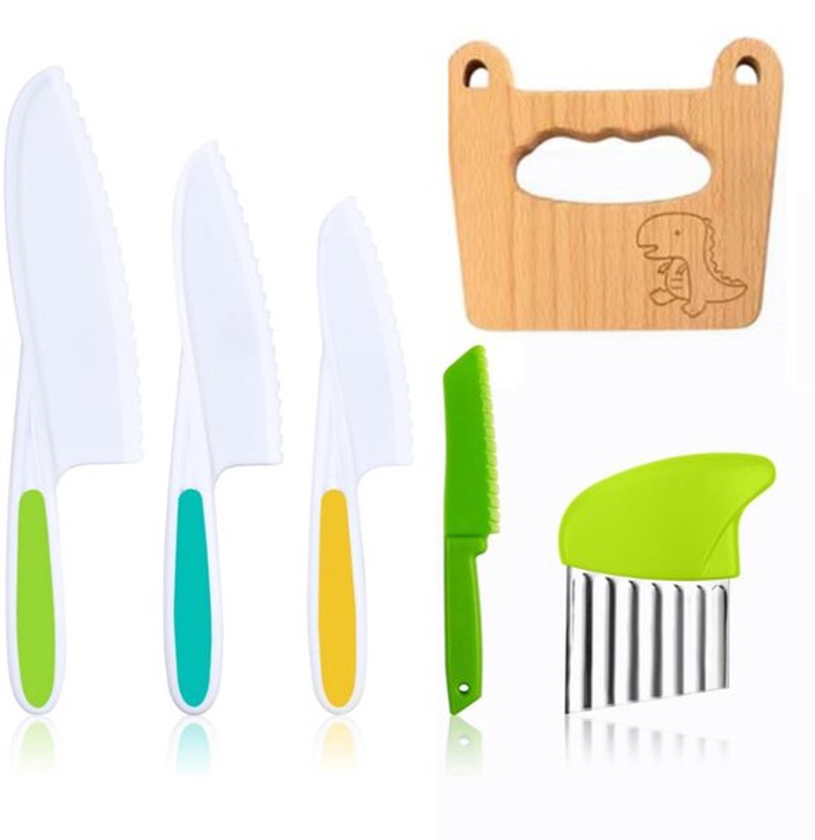 6-delige Kindermessen voor keuken - Messensets - Kinder Keukenmessen Set - herbruikbare Kindermessen - met houten mes, plastic mes, aardappelsnijder, kindermessen - voor groenten, fruit, saladecake