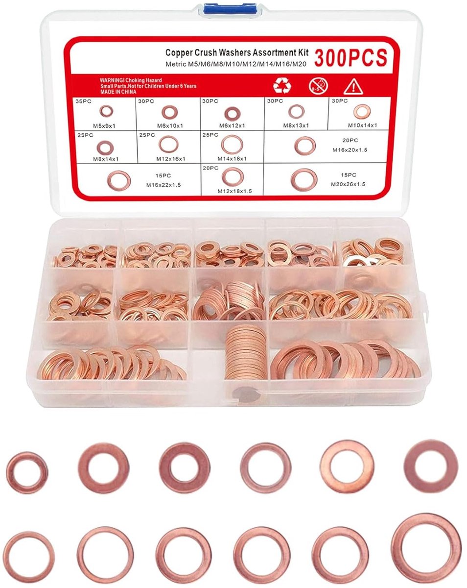 300 Pieces Copper Sealing Rings Assortment - 12 Sizes Flat Washers with Box - Fuse Discs M5, M6 - ShopVlot