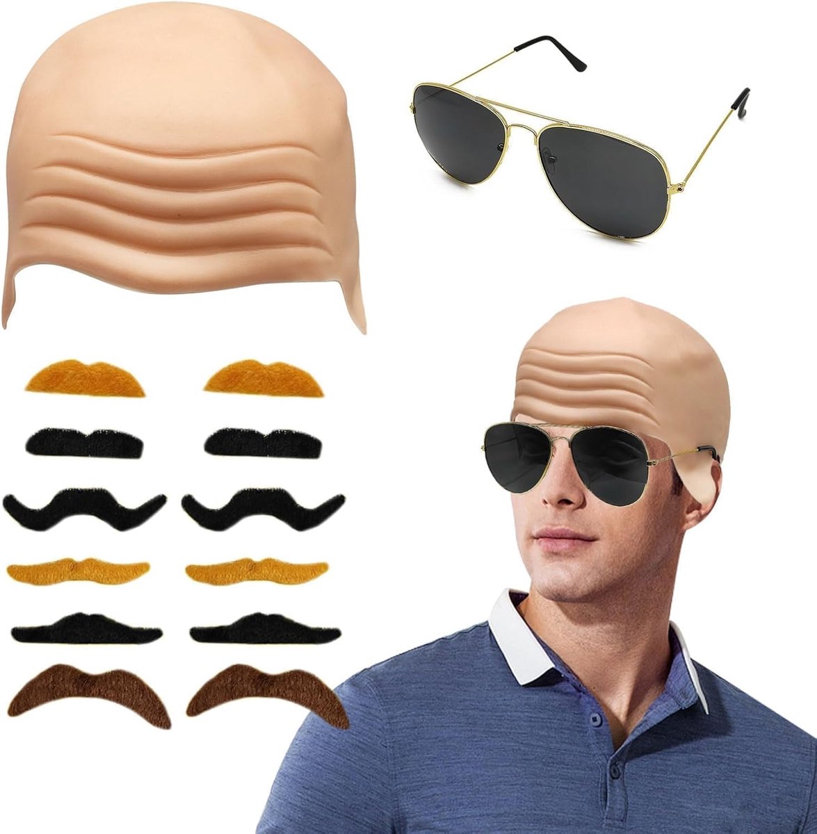 Bald head masker volwassenen - latex beige - inclusief zonnebril en snor - ideaal voor Halloween kostuums - ShopVlot