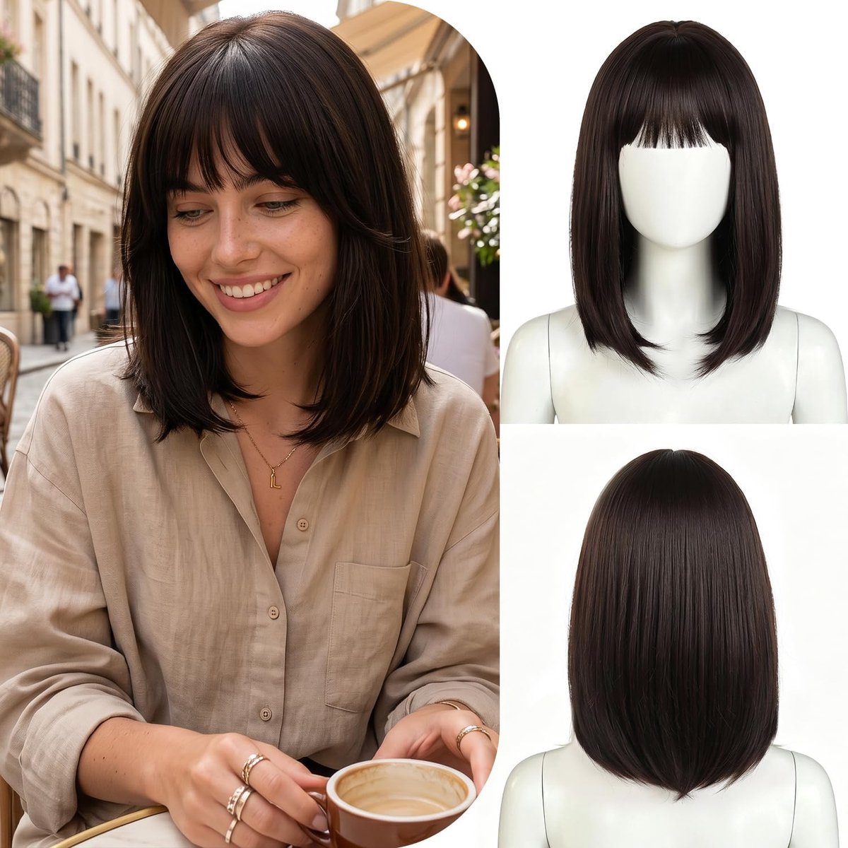 Synthetische Bobpermanent voor Vrouwen - Medium Lange Bruine Haarstuk - Met Pony - Perfect voor Dagelijks Gebruik - ShopVlot