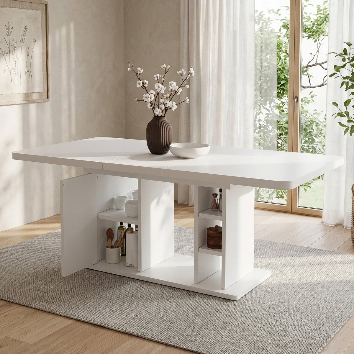 MODENUIT Eettafel - Uitschuifbaar Met Opbergruimte - Voor 6-8 Personen - MDF - 140/180x80x75 Cm - Wit