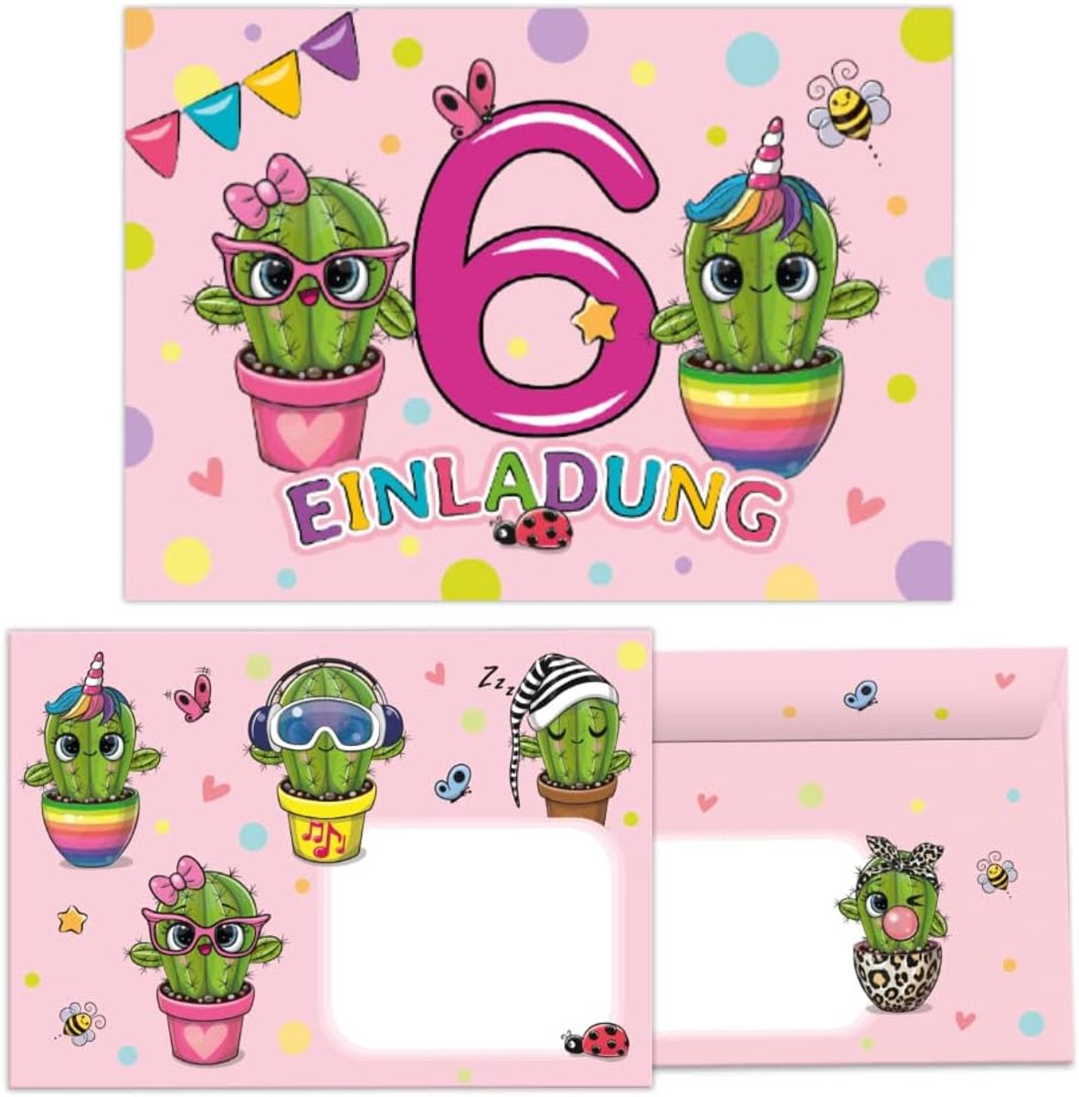 Uitnodigingskaarten 12 stuks - 6e verjaardag meisje - cactus ontwerp - met enveloppen inbegrepen - ShopVlot