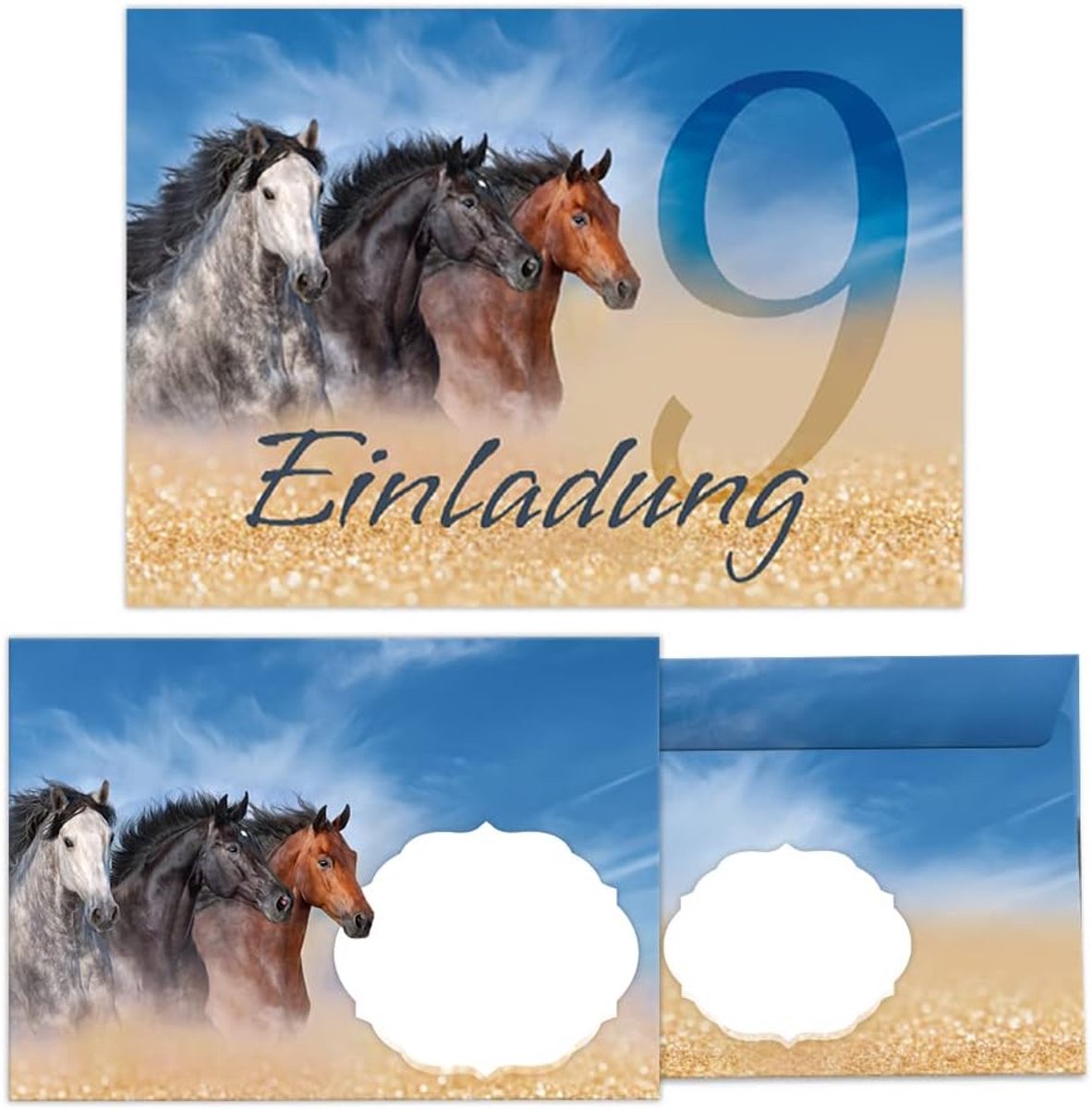 Uitnodigingskaarten 12 stuks - voor 9e verjaardag meisje - met drie paarden - inclusief enveloppen - ShopVlot