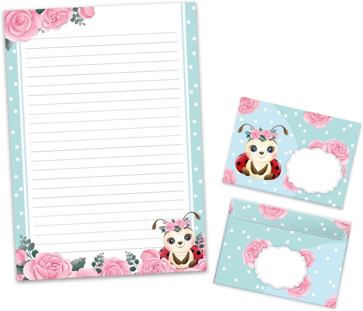 Briefpapier set A4 met enveloppen - lieveheersbeestje design - 25 vel + 15 zelfklevende enveloppen - ShopVlot