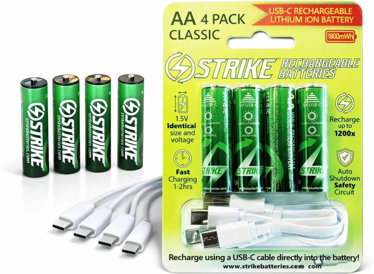 AA Classic Battery Lithium Ion 4 Pack Smart LED 1.5V 1800mWh USB-C Rechargeable with Charging Cable, No Charging Box - ShopVlot