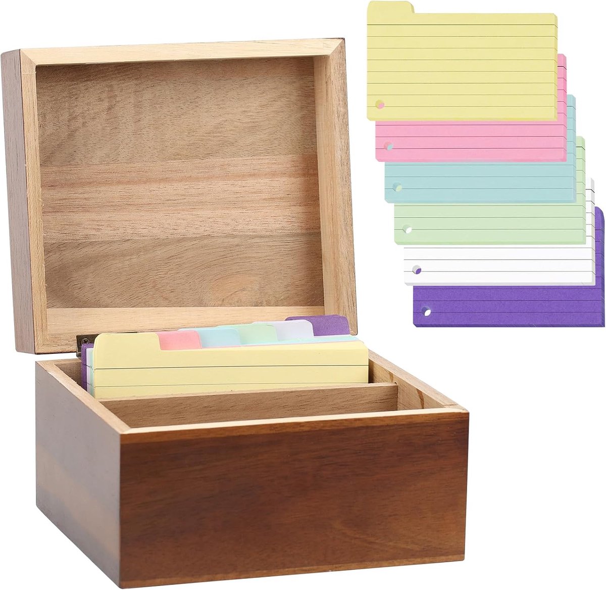 indexkaartdoos 15 x 10.2 x 10.5 cm - houten opbergdoos - kleurrijke flashcards - ideaal voor Engelse woordenschat - ShopVlot