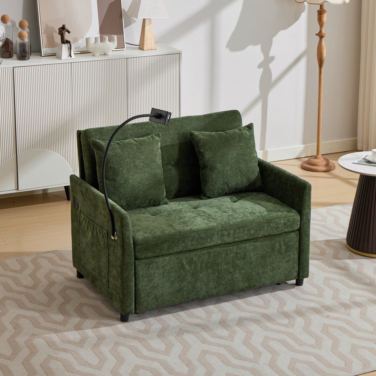 DESMIU Slaapbank 1-Zits - Groene Stoffen Slaapbank Met USB En Tablethouder - Voor Woonkamer, Kantoor En Studio - Polyester Linnen - Groen
