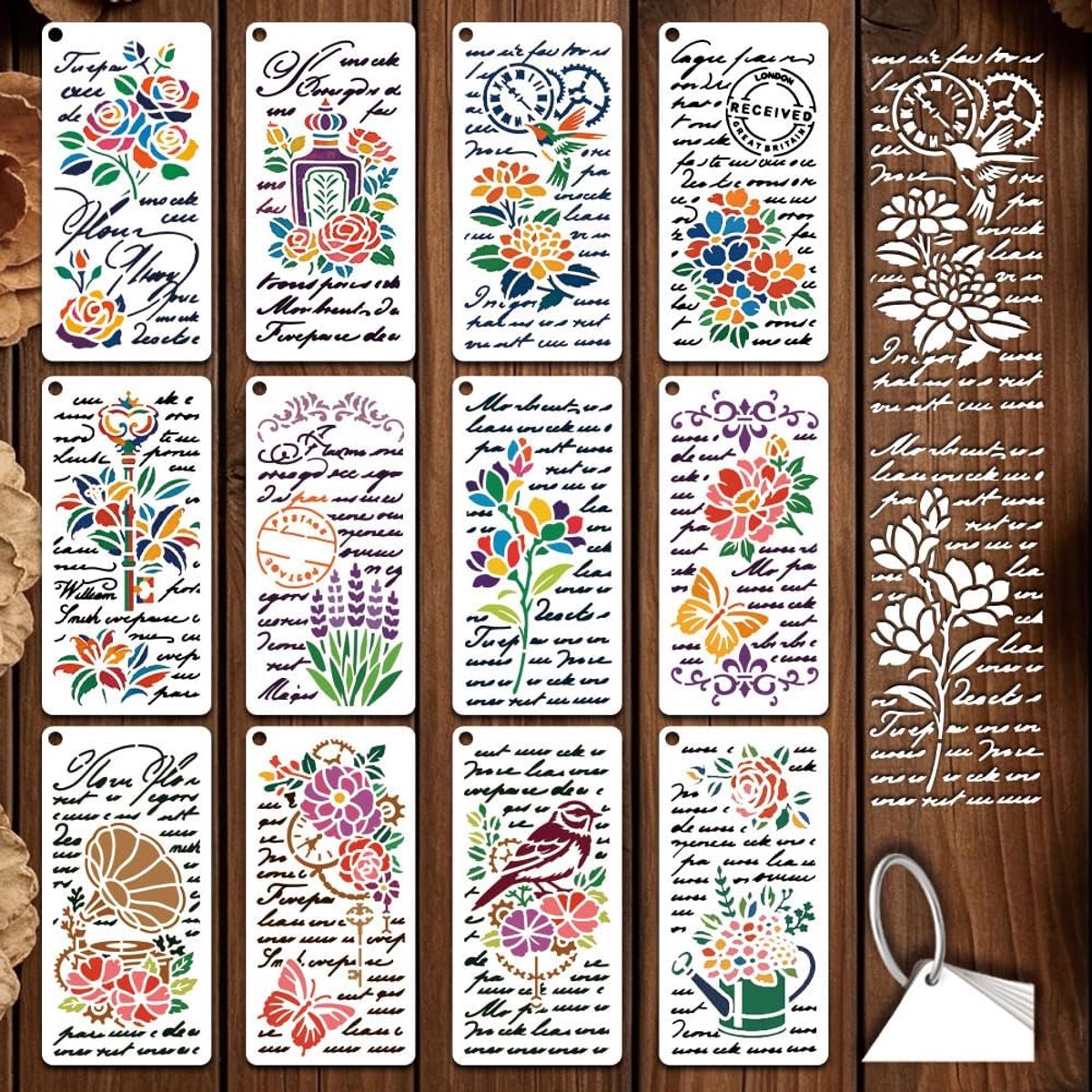 Bloemensjabloon 12 vellen - herbruikbare PET-sjablonen - vintage Franse stijl - perfect voor muurdecoratie - ShopVlot