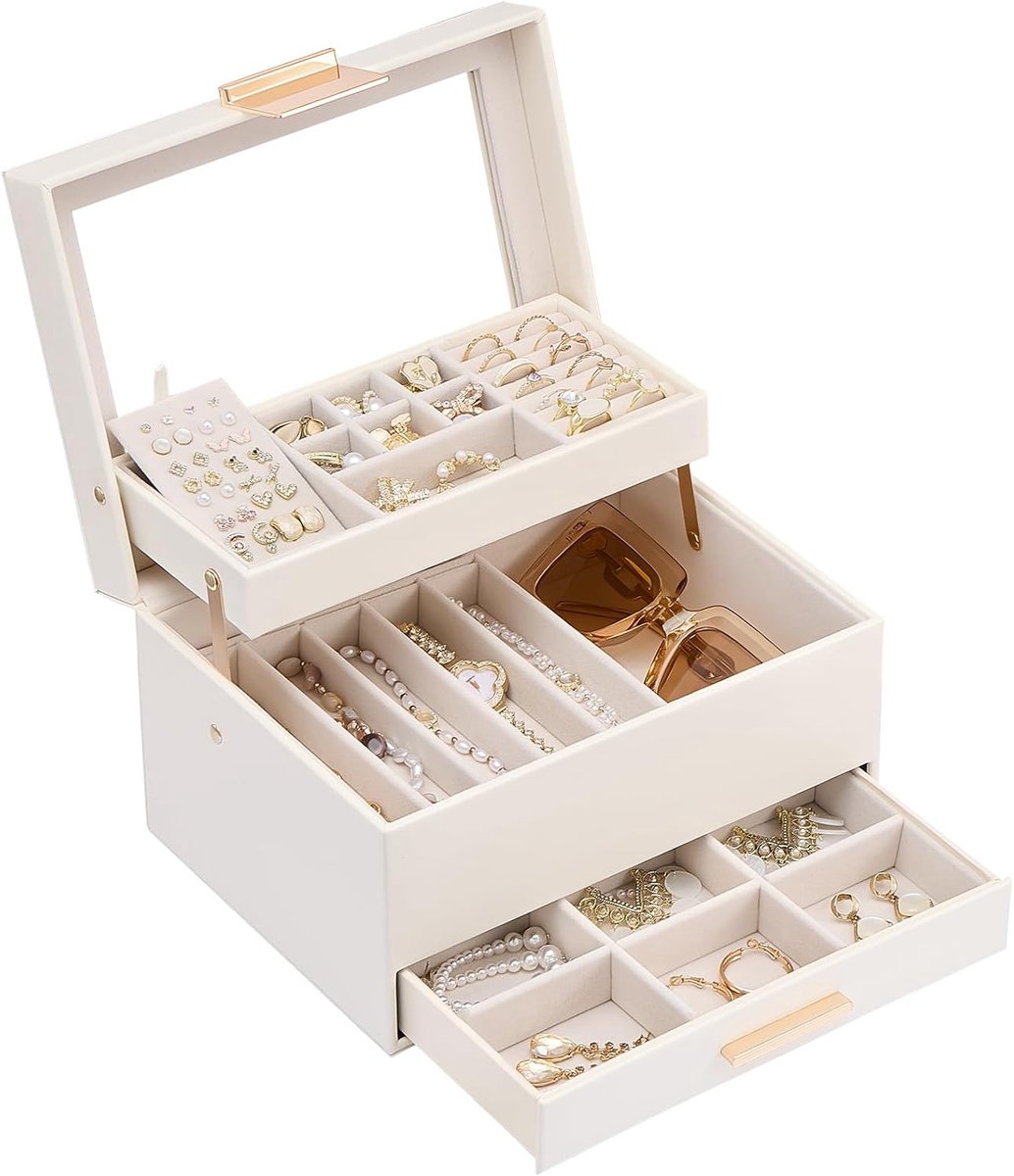 Sieradenbox met transparante venster - 3 lagen - Organisator met lade - Ruimtebesparend voor sieraden - ShopVlot