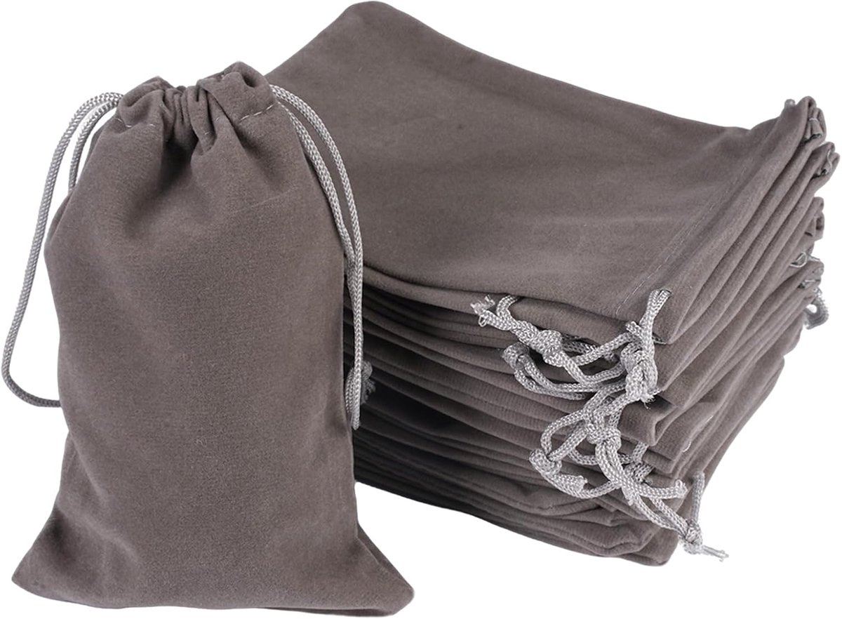 Fluwelen sieradentasjes 10x15cm - grijze stoffen zakjes - trekkoord - ideaal voor sieradenopslag - ShopVlot