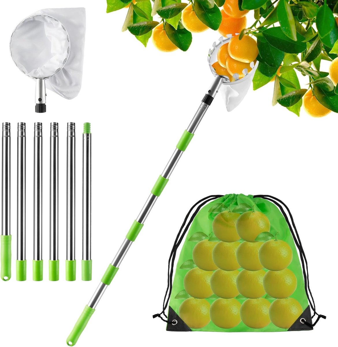 Fruitplukker met telescopische steel - diameter 16 cm - 6 verlengstangen - veilig oogsten vanaf de grond - ShopVlot