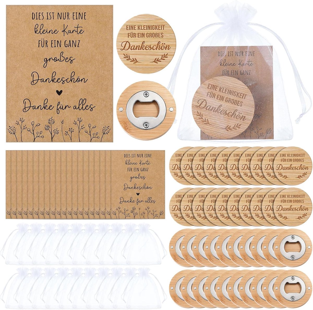 20 Sets Bedankcadeau Houten Flesopeners Magnetische Organzazakjes Bedankkaartjes Voor Doop Bruiloft Vormsel - ShopVlot
