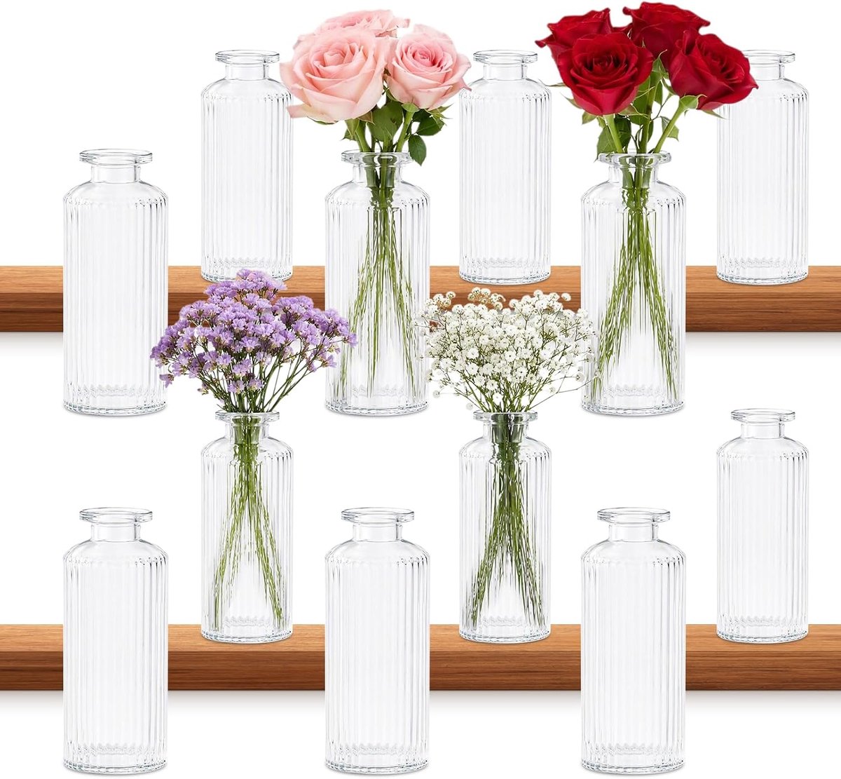 Set van 12 kleine glazen vazen, transparant, mini-bloemenvazen met reliëfdesign, voor tafeldecoratie, bruiloft - ShopVlot