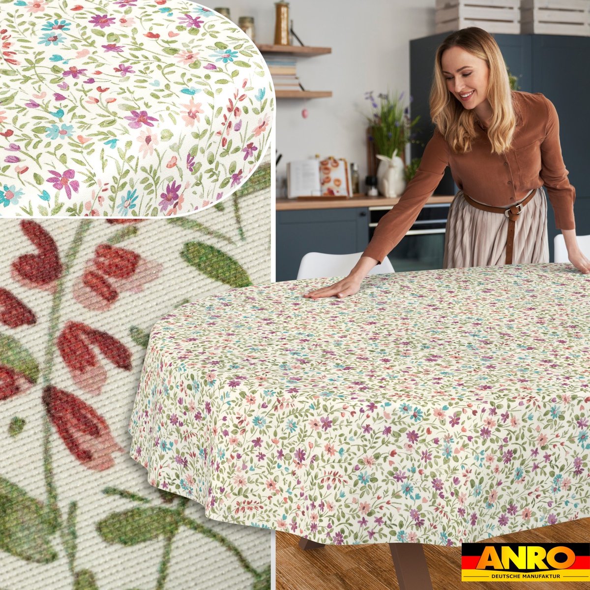 ANRO Tafelkleed Iris bloemen Beige Ovaal 220x140cm Rechte rand Afwasbaar Waterafstotend