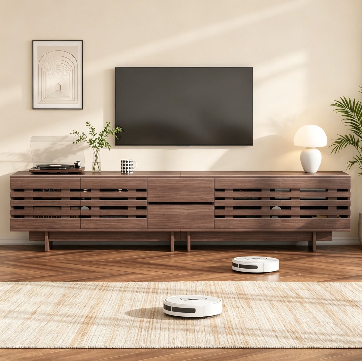 OKWISH TV-Meubel - Voor Tv Tot 80 Inch - 4 Deuren en 2 Lades - 6 Opbergvakken - Retro Stij