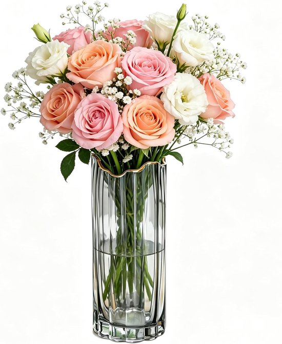 Moderne geribbelde glazen vaas voor tafeldecoratie, grote bloemenvaas voor woonkamer en boeketten, transparant design
