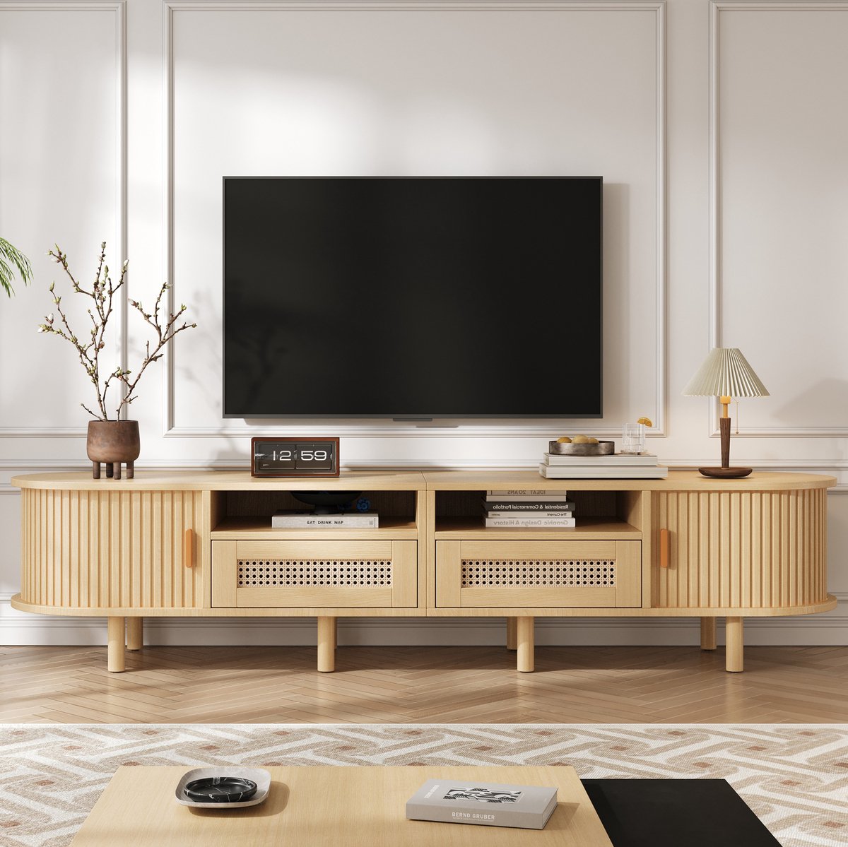 COVREO TV-meubel 170x40x40 cm - 2 lades, 2 schuifdeuren, ovale vorm, licht eiken