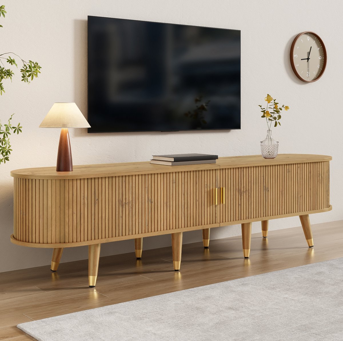 COVREO tv-meubel 175 x 38 x 45 cm - MDF, schuifdeur, lade, open vakken, houtlook