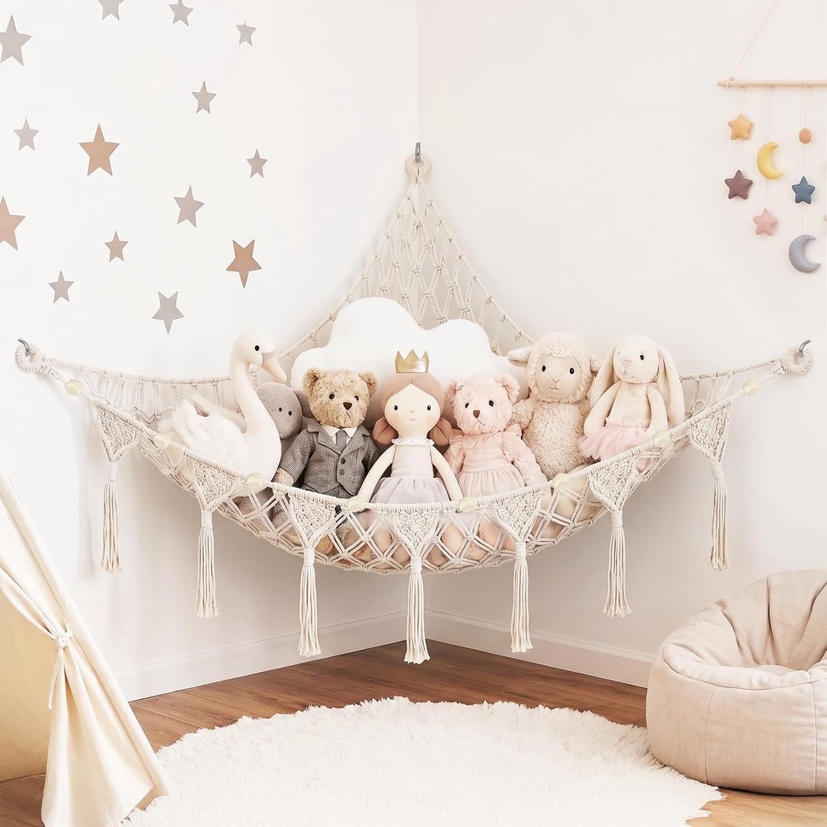 Zachte Hangmat van Macramé voor Kinderen - Bohemian Stijl Organizer voor Pluche Dieren en Speelgoed in Off White