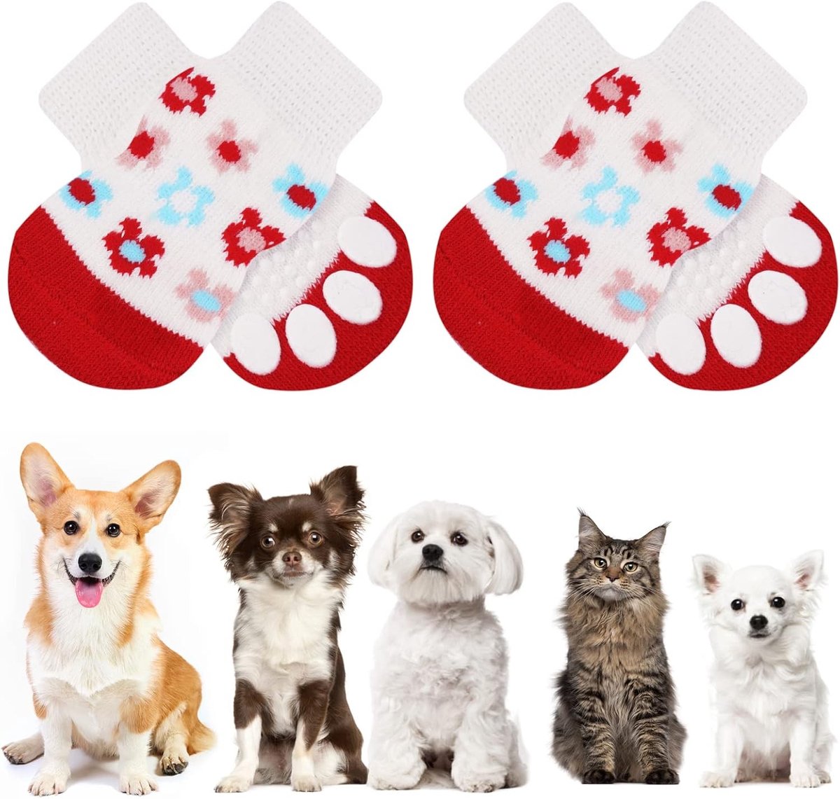 Comfortabele antislip sokken voor honden en katten - Bescherming voor pootjes, traction en grip, 2 maten voor kleine en middelgrote dieren (Wit en Rood)