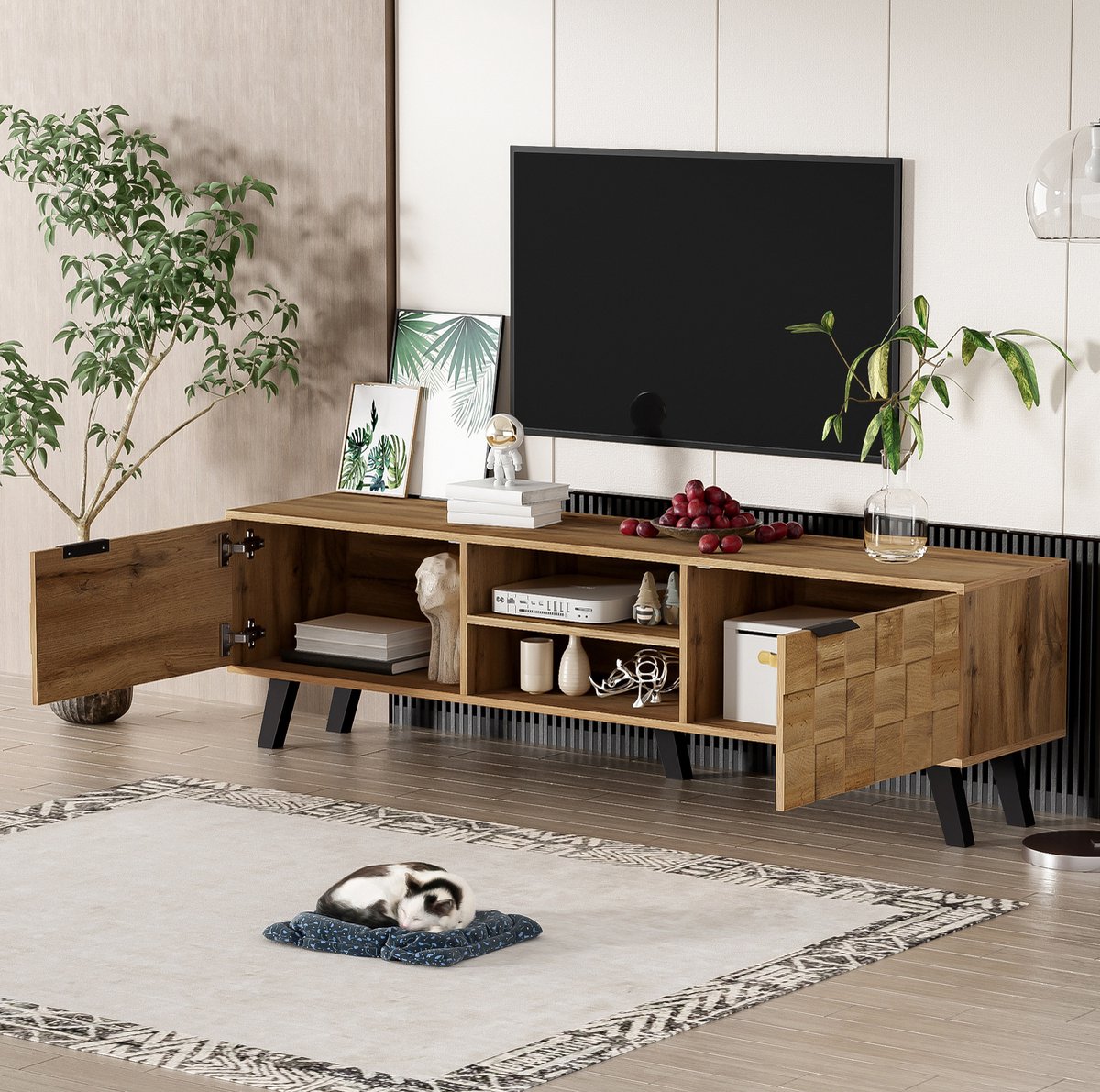 COVREO TV meubel 160,5 x 35,5 x 45 cm - 2 deuren, 2 open vakken, houtkleur