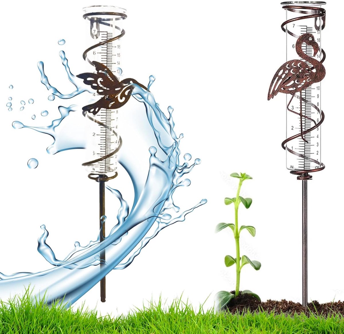 SnelShoppen - Tuin Regenmeter - Metalen Vogel Plant Plug - Glas Neerslagmeter met Duidelijke Schaal - Regenhoeveelheid Meter voor Tuin, Gazon, Patio,
