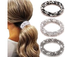 Thijox - Reaky Strass Haarbanden Zilver Elastische Paardenstaart Houders 3 Stuks Kristal Haar Scrunchies Haaraccessoires voor Vrouwen
