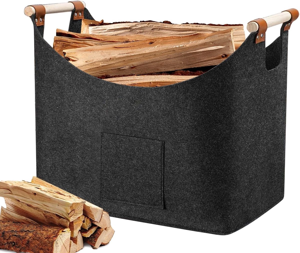 Thijox - Vilten Zak 45 x 32 x 40 cm met Handgreep, Boodschappenmand, Opvouwbare Tas voor Haardhout, Kranten, Speelgoed, Winkelen, Donkergrijs, Duurzaa